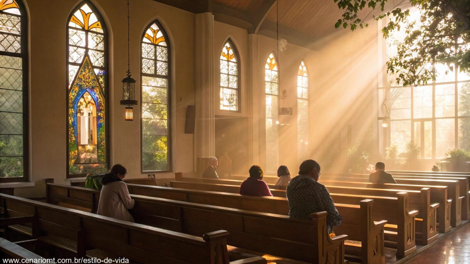 Imagem de uma igreja no campo com luz do sol entrando pelos vitrais enquanto pessoas oram em silêncio