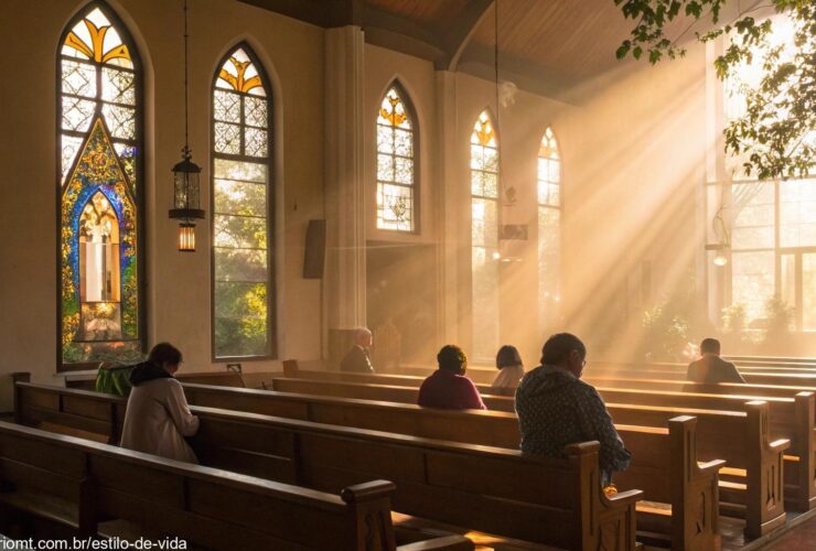 Imagem de uma igreja no campo com luz do sol entrando pelos vitrais enquanto pessoas oram em silêncio
