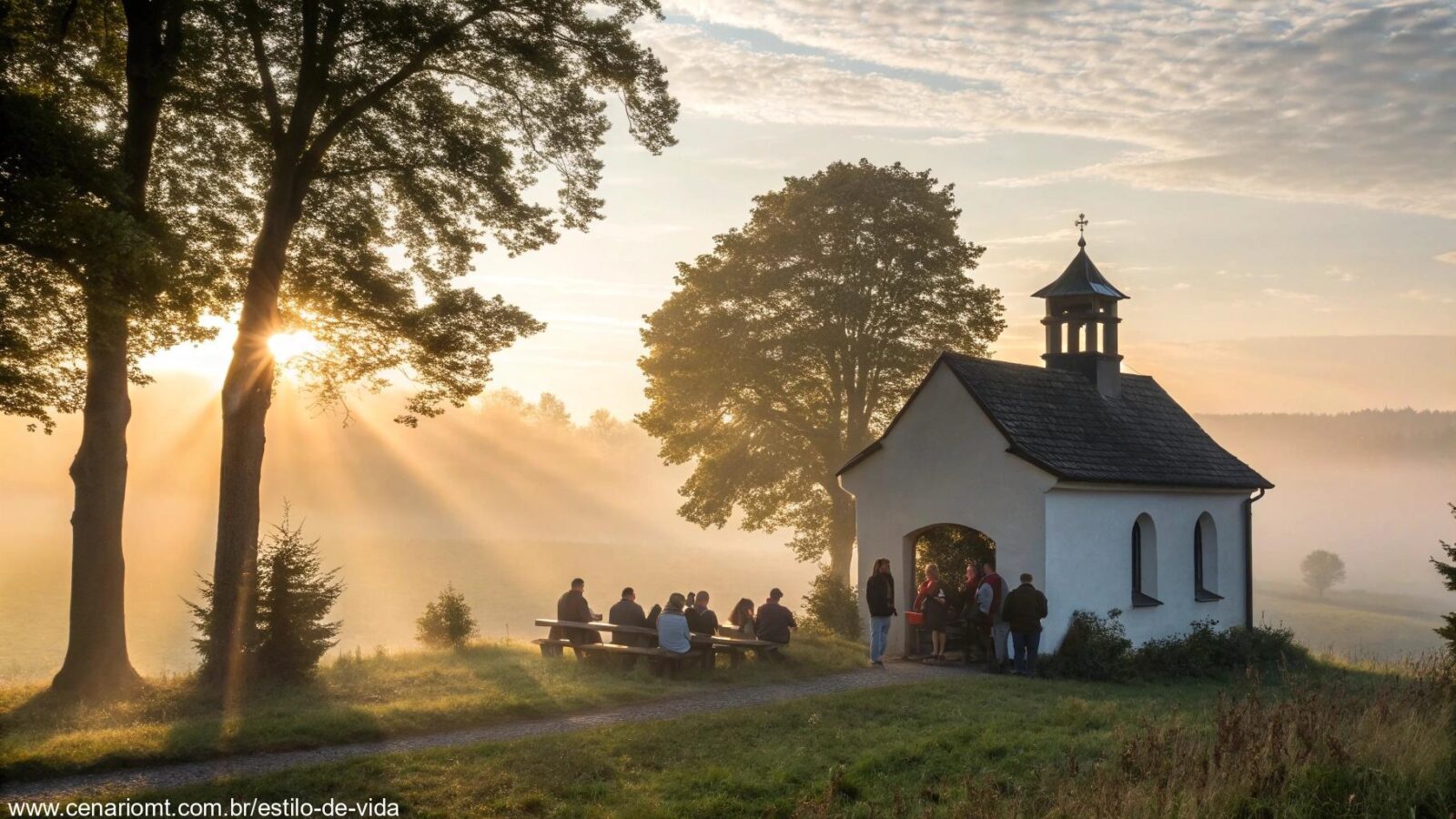 Imagem de uma capela ao amanhecer com fiéis em oração e luz suave