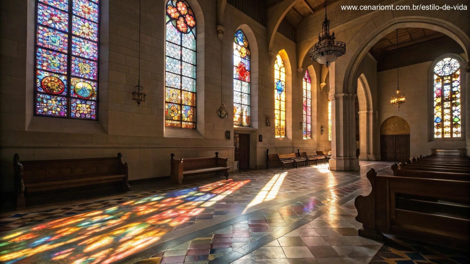 Interior sereno de uma igreja com luz suave entrando pelas janelas de vitrais.