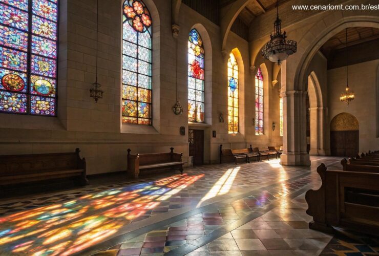 Interior sereno de uma igreja com luz suave entrando pelas janelas de vitrais.