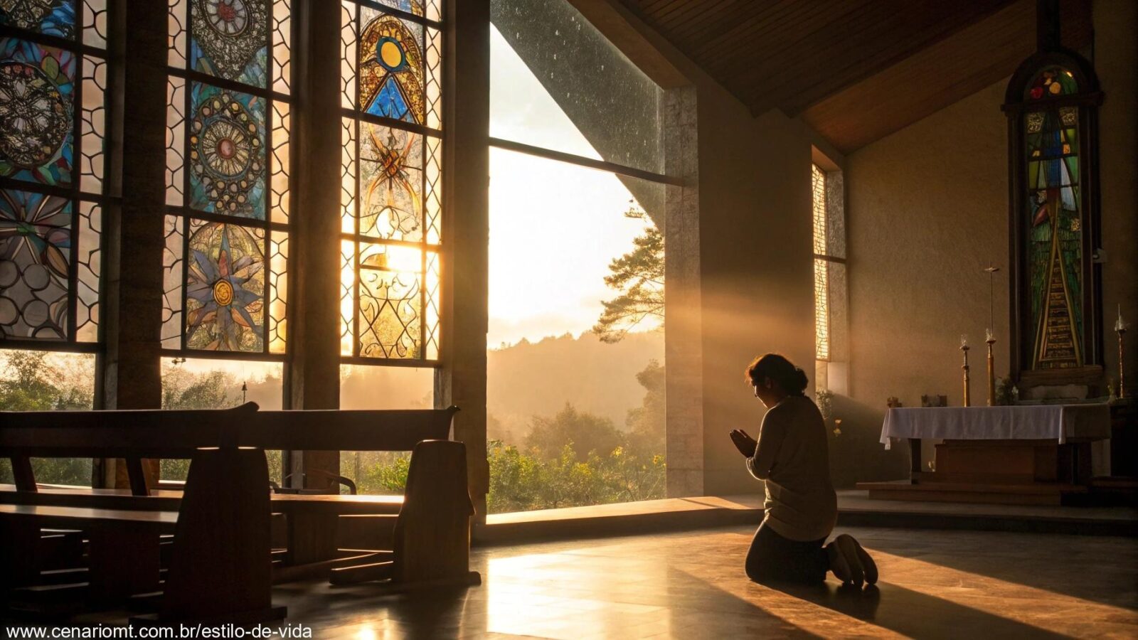 Pessoa ajoelhada em oração dentro de uma igreja iluminada pelo sol da manhã