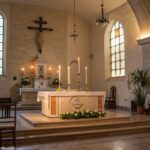 Interior de igreja tranquila e serena com luz suave, altar e velas, refletindo a solenidade do dia.