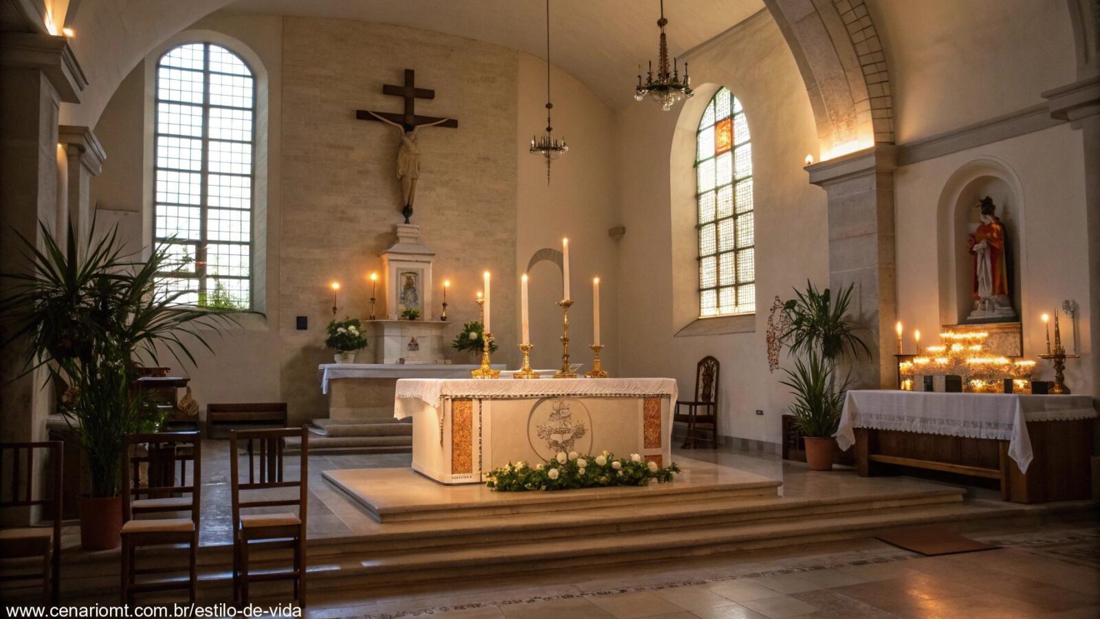Interior de igreja tranquila e serena com luz suave, altar e velas, refletindo a solenidade do dia.
