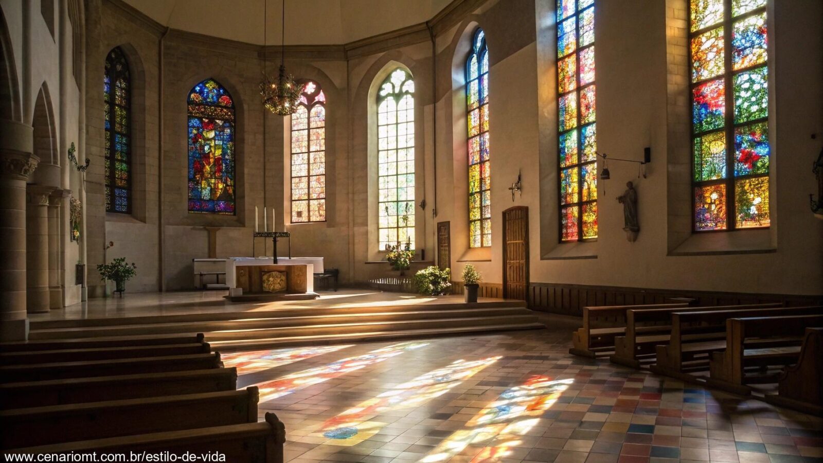 Interior sereno de uma igreja com luz suave entrando pelas janelas de vitrais, destacando o altar e o ambiente tranquilo da liturgia.
