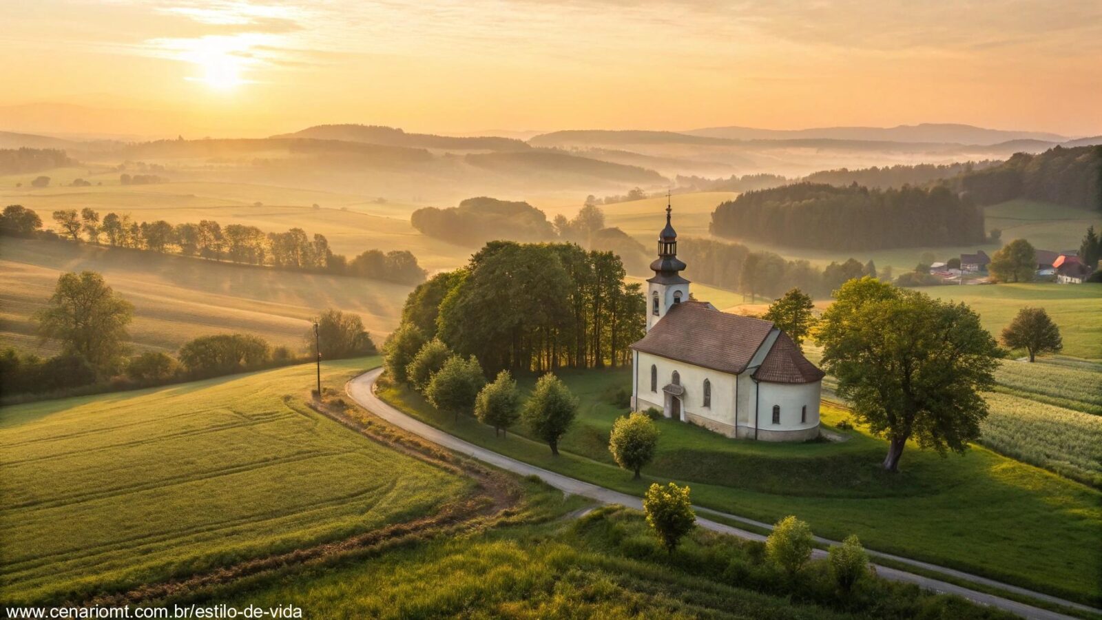 Capela no campo ao amanhecer representando a liturgia do dia com fé e reflexão