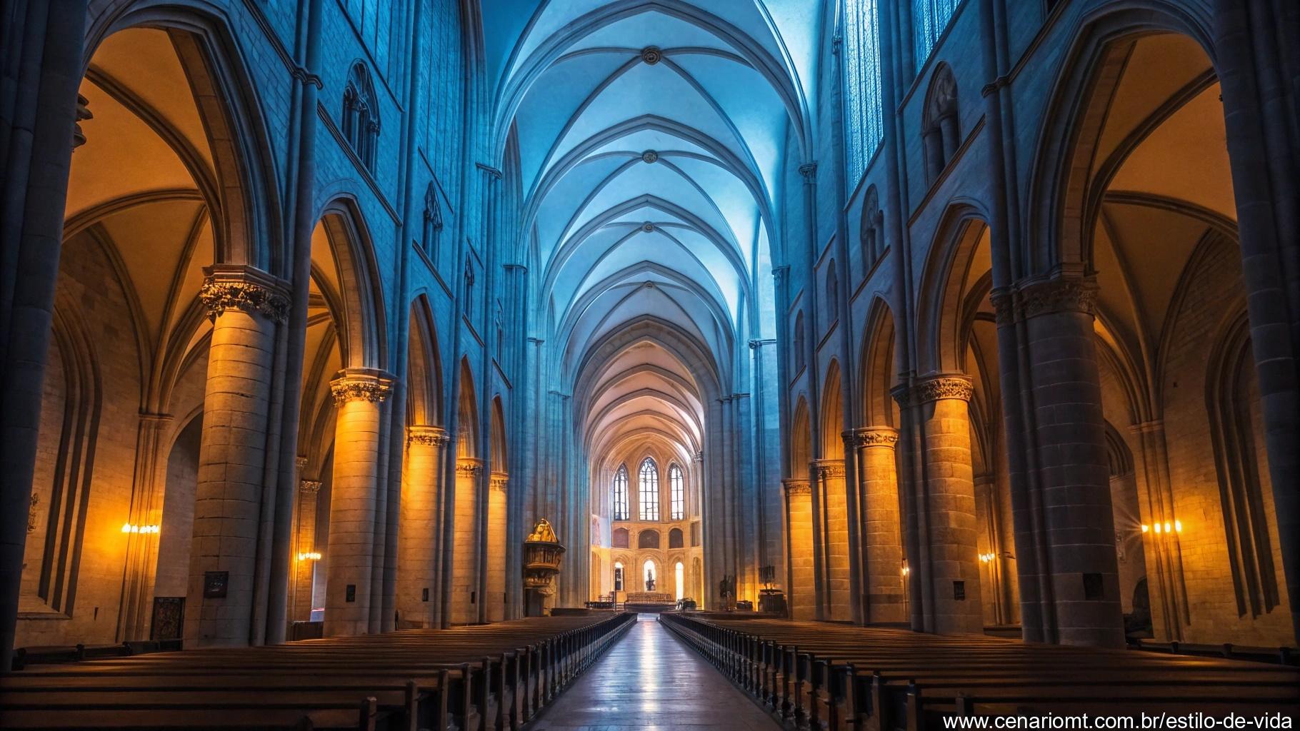 Vista atemporal de uma antiga catedral com sua arquitetura grandiosa, banhada pela luz etérea do pôr do sol