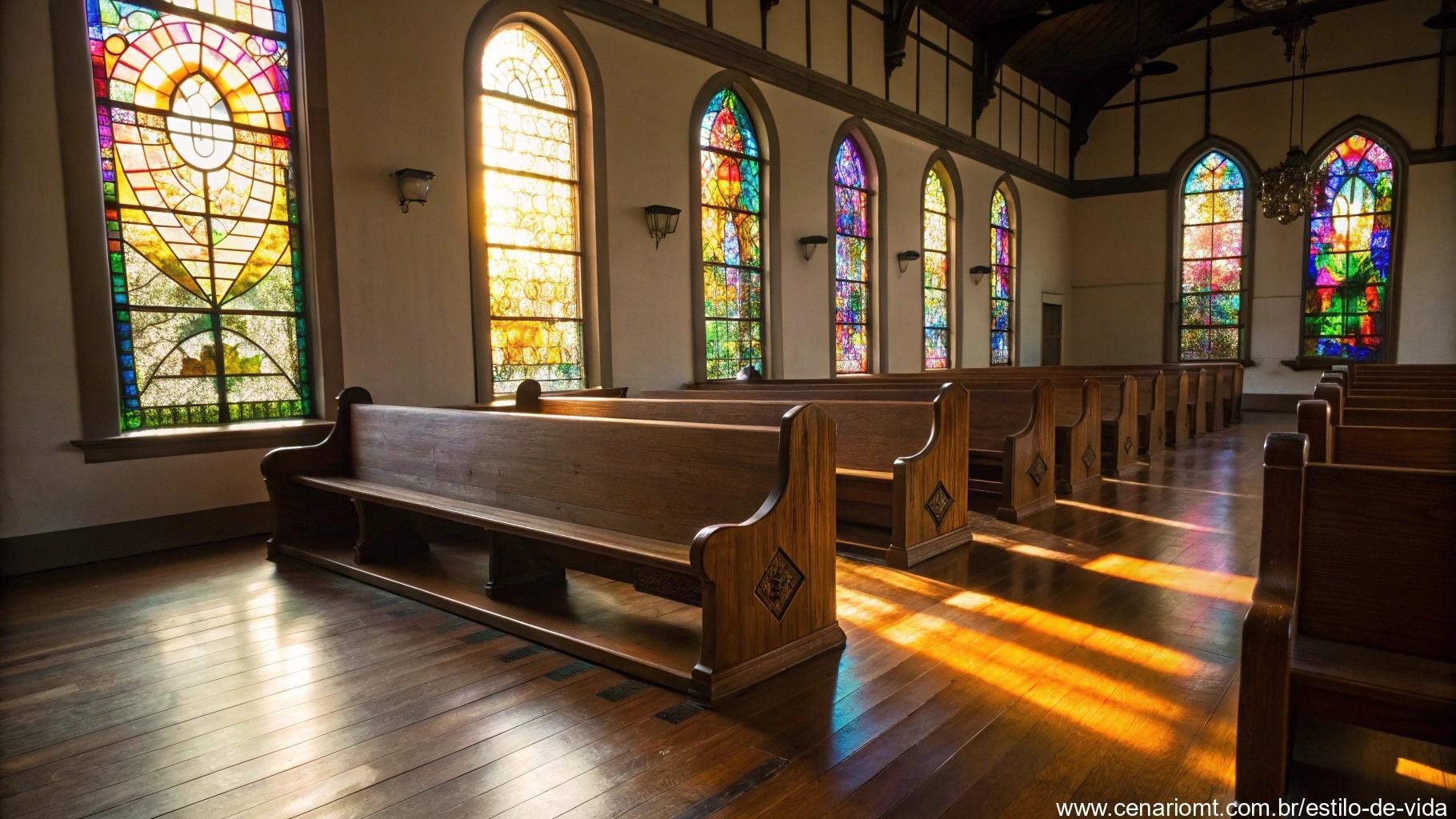Visão ampla de um banco de igreja vazio com luz do sol entrando por vitrais, projetando reflexos coloridos no chão de madeira