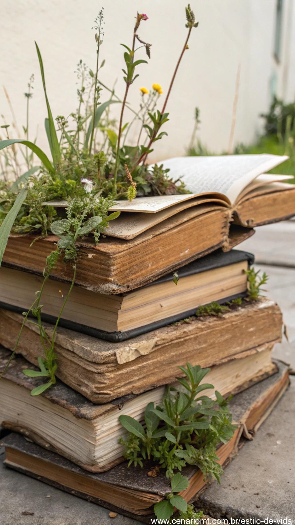 Livros antigos usados como vasos para plantas