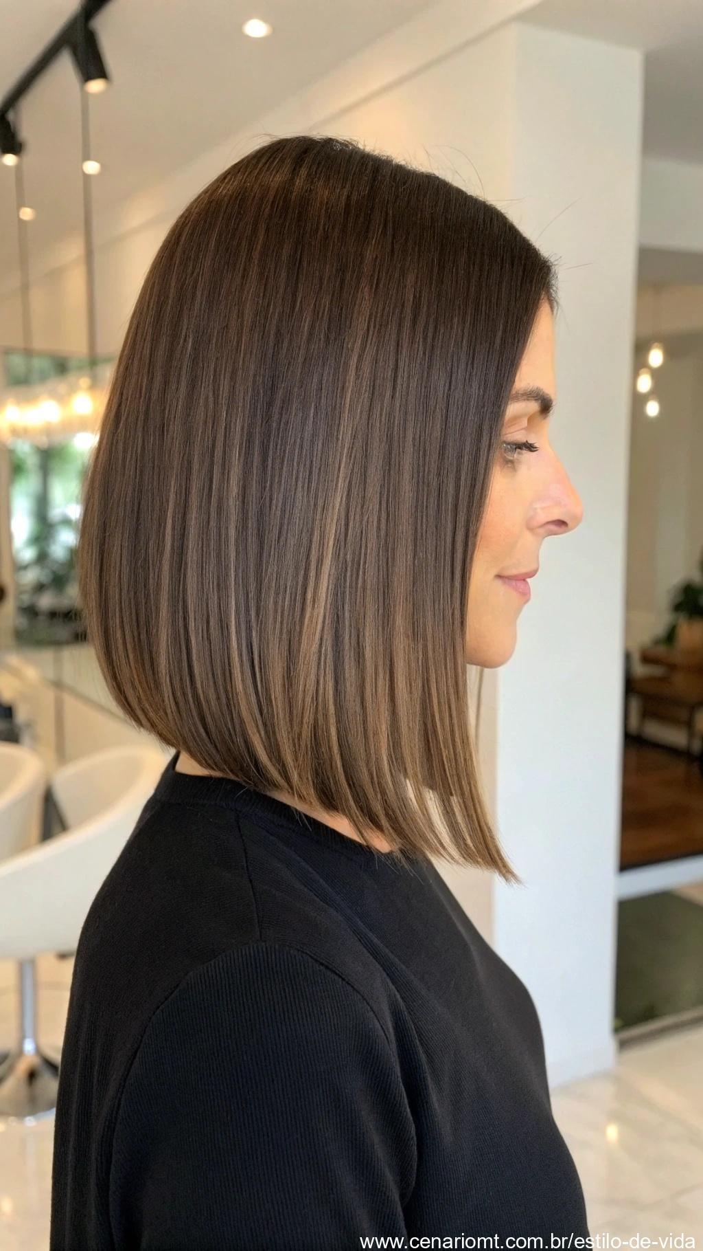 Corte long bob com pontas frontais alongadas em mulher moderna
