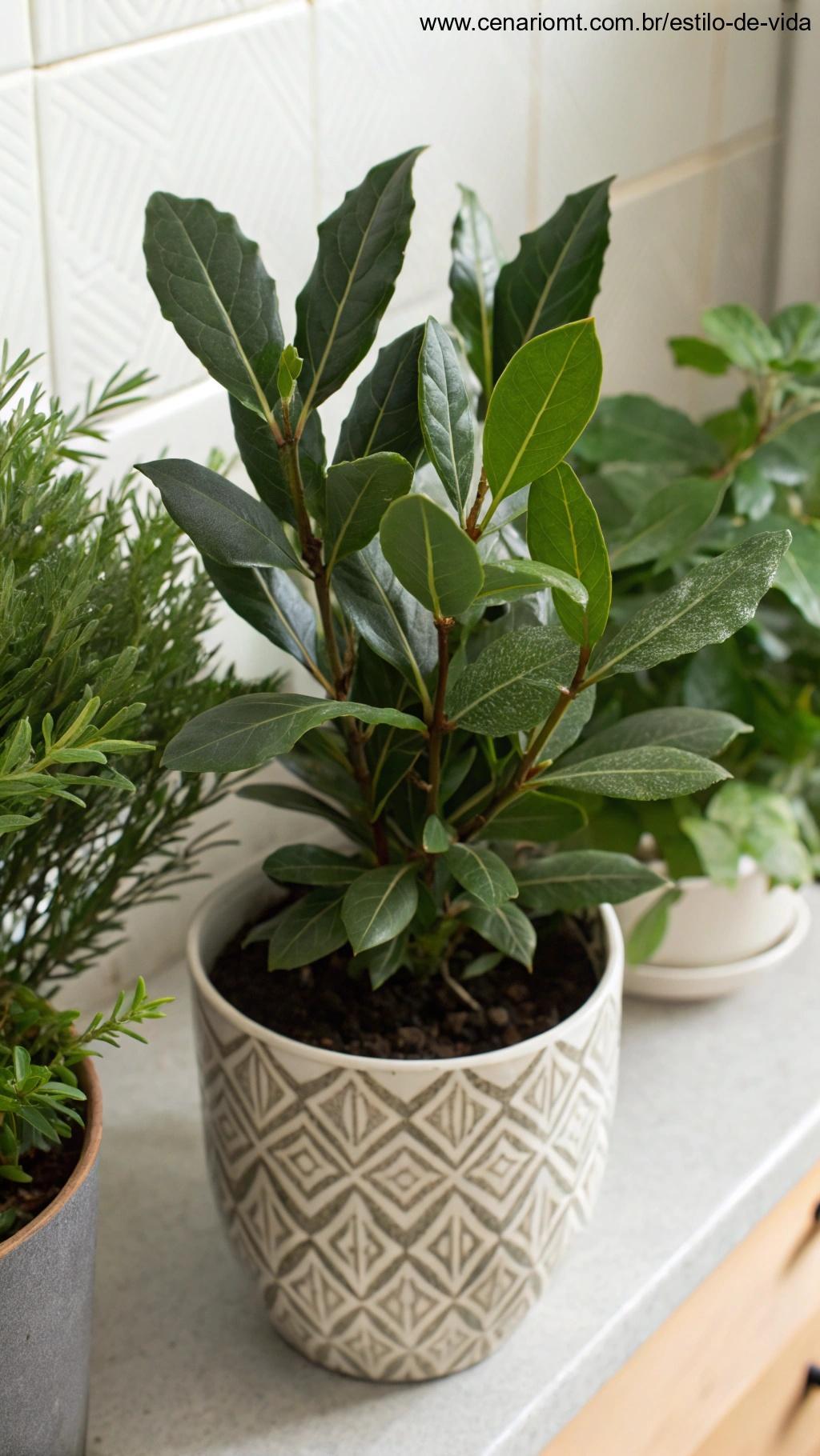Louros em vaso decorativo com folhas ovais