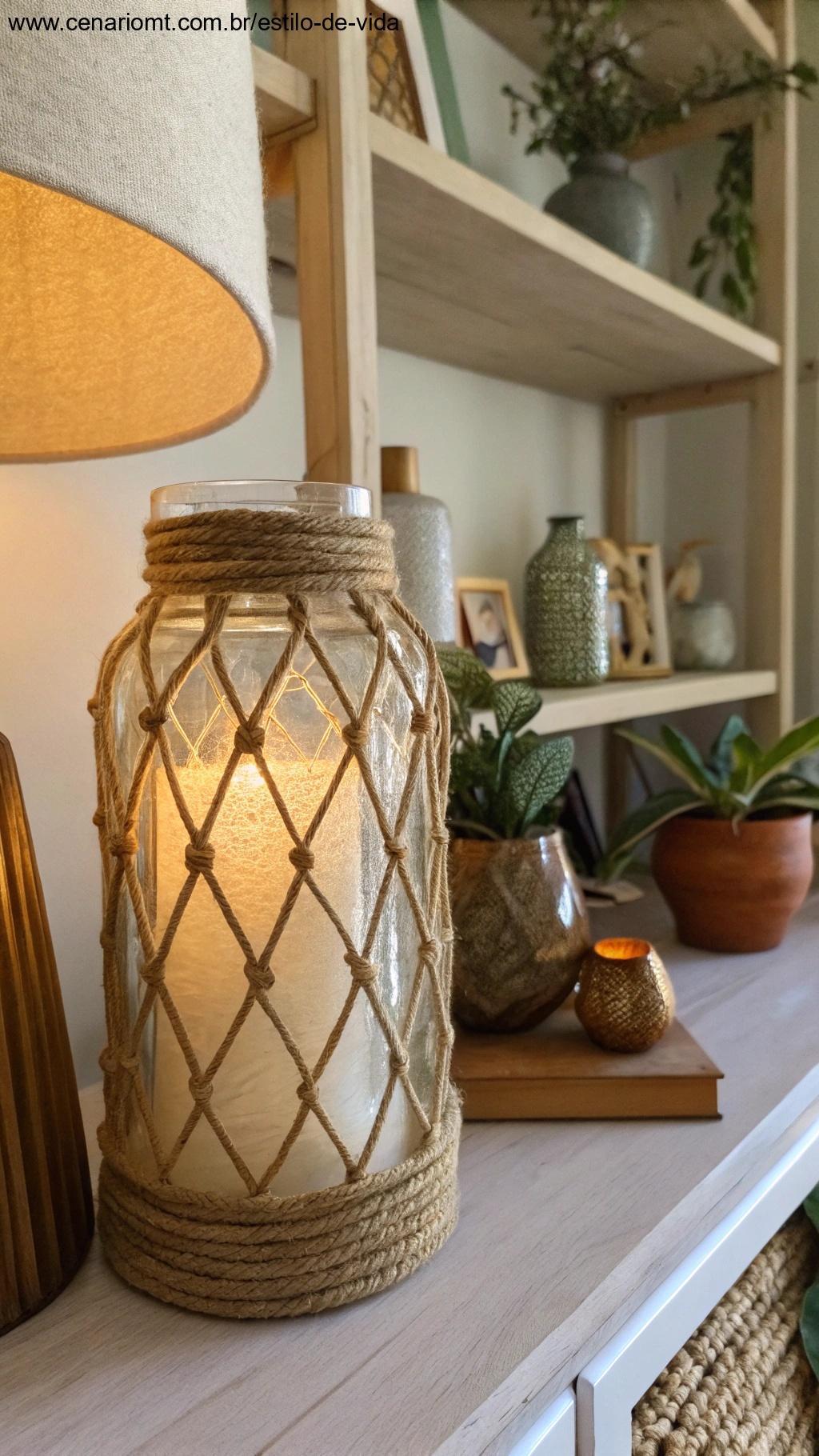 Luminária feita com frasco decorado com fio de sisal