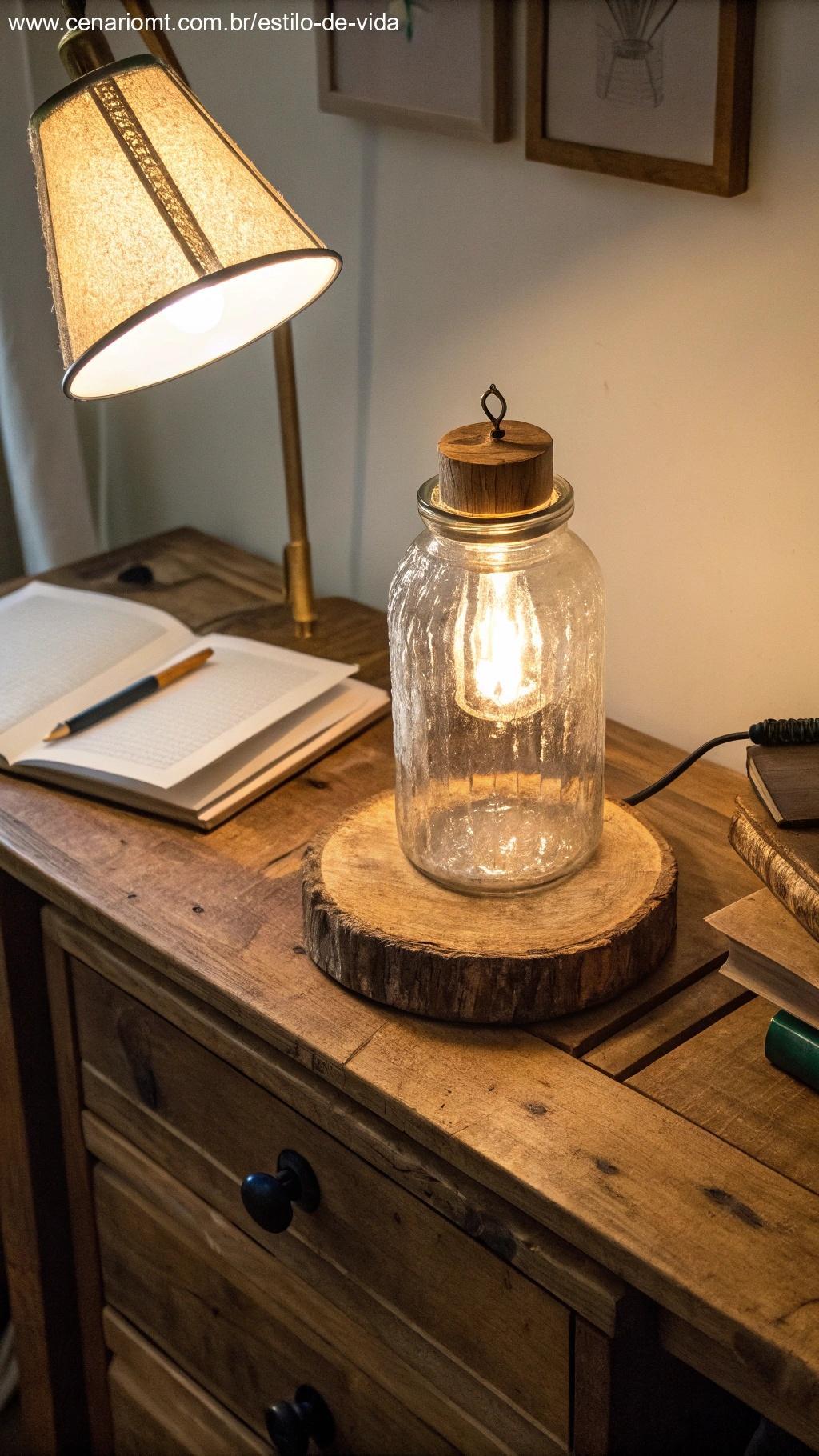 Luminária de mesa com base de madeira feita com frasco de vidro