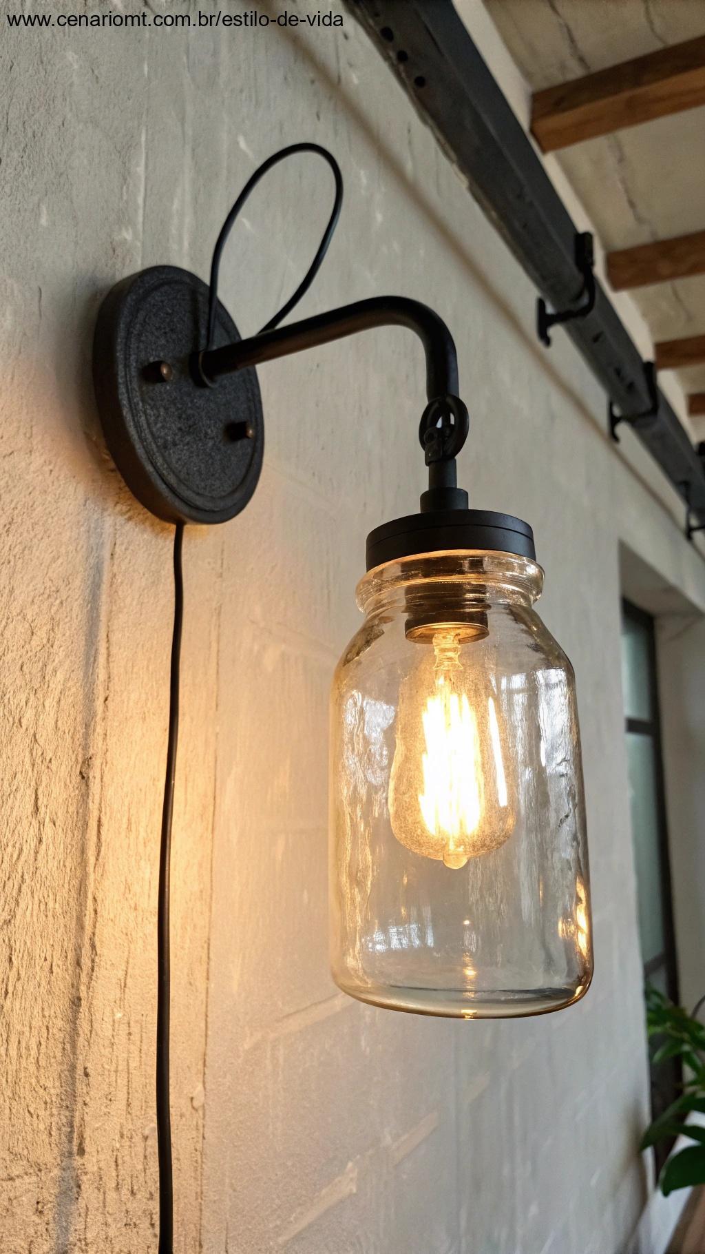Luminária de parede com suporte metálico e frasco de vidro