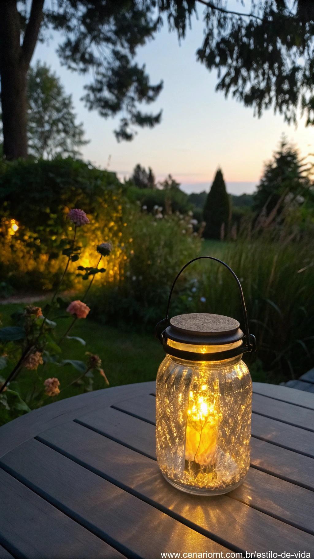 Luminária solar com frasco de conserva iluminando ao entardecer
