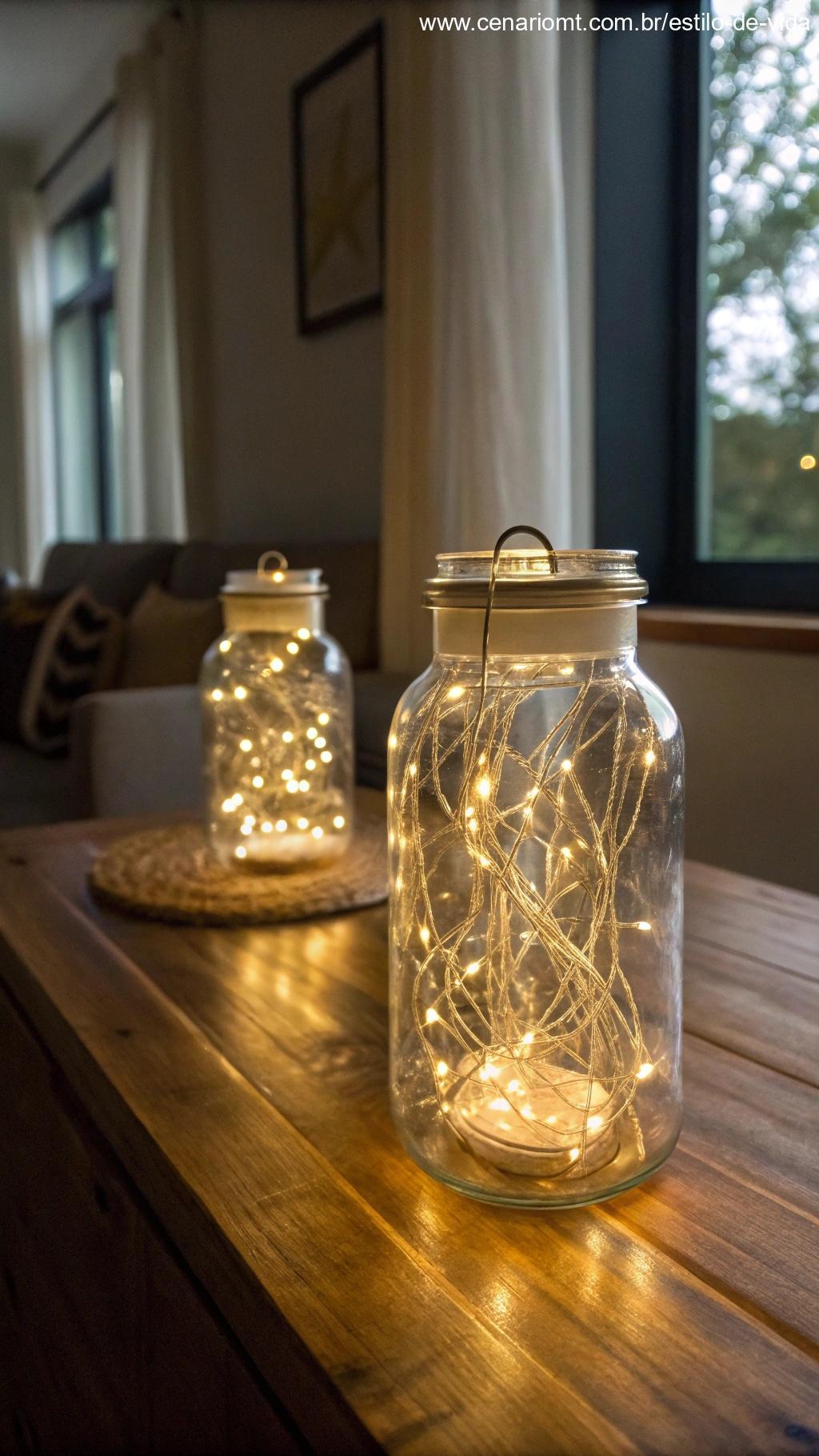Luminárias com luzes de LED feitas com potes de vidro