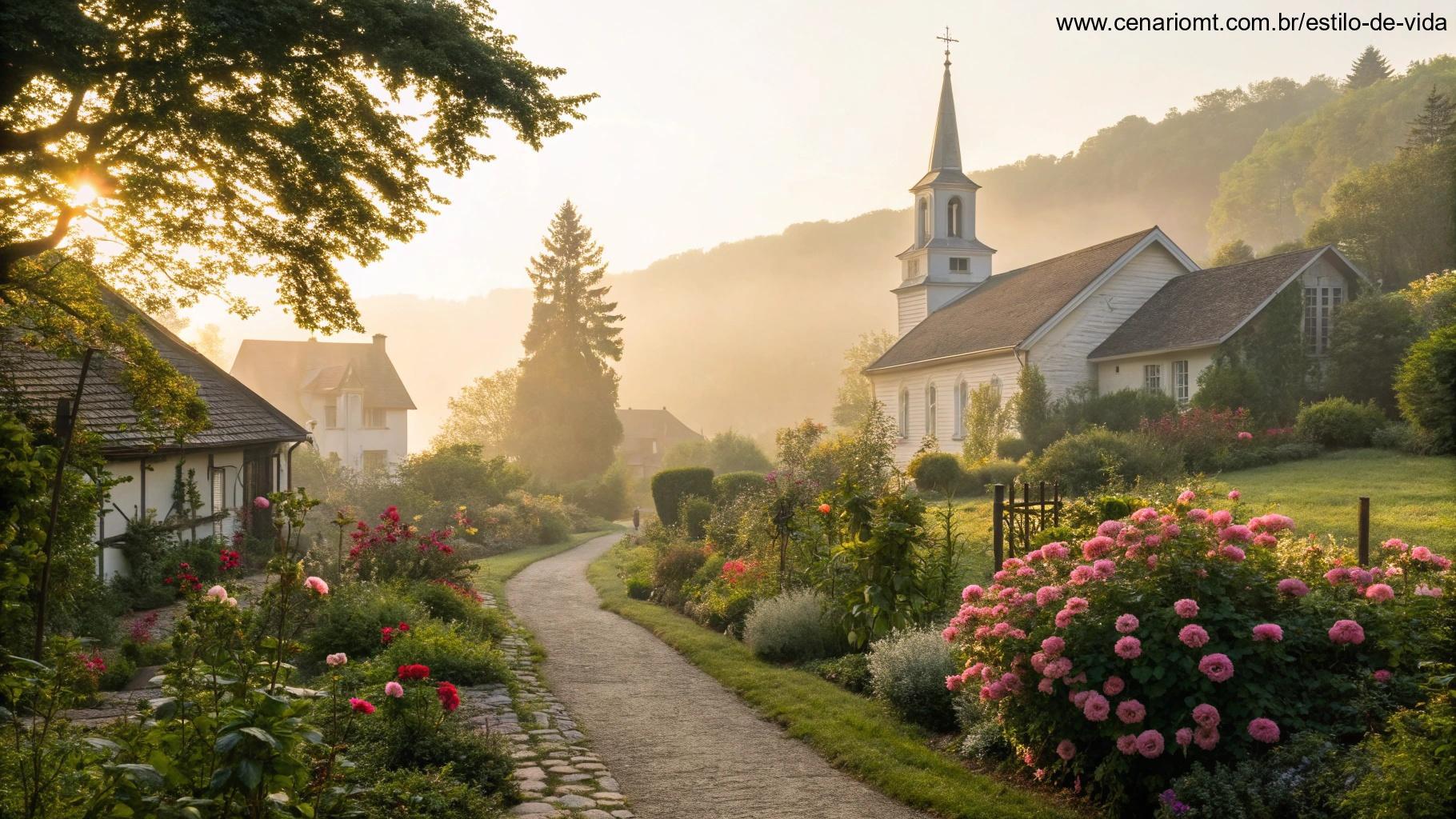 Manhã de sábado tranquila em uma vila com jardins floridos e luz suave