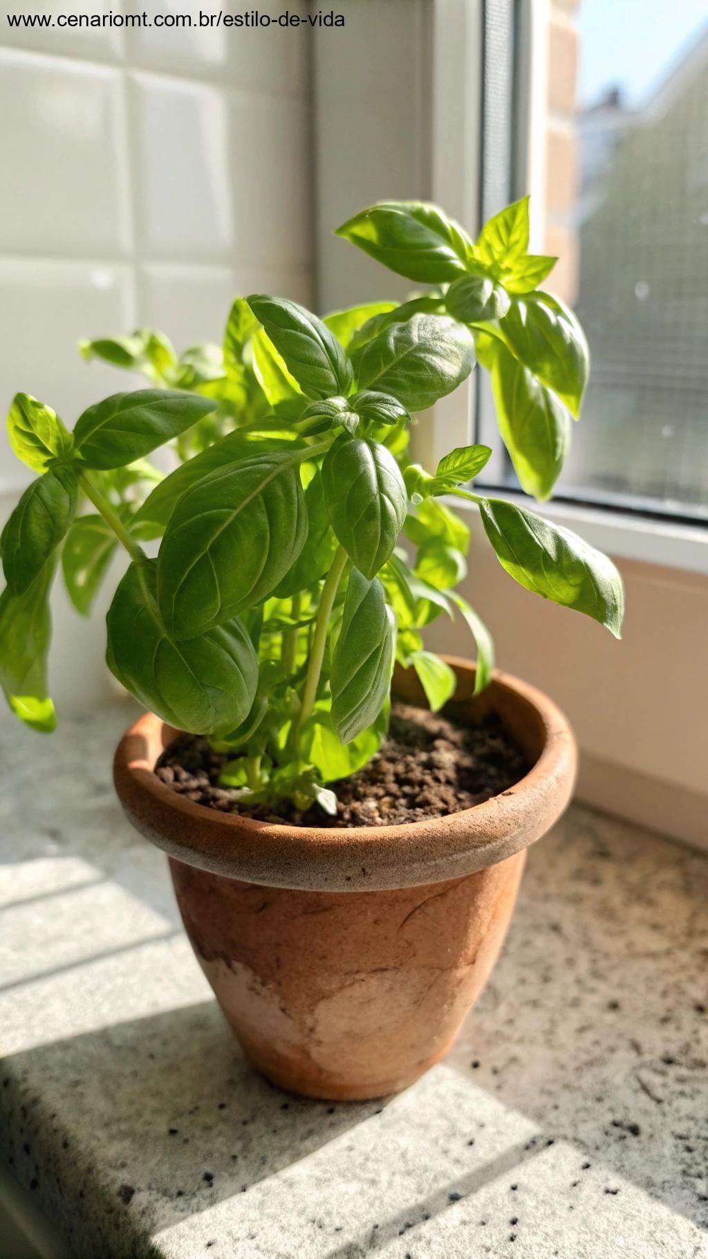 Manjericão fresco cultivado em vaso na cozinha
