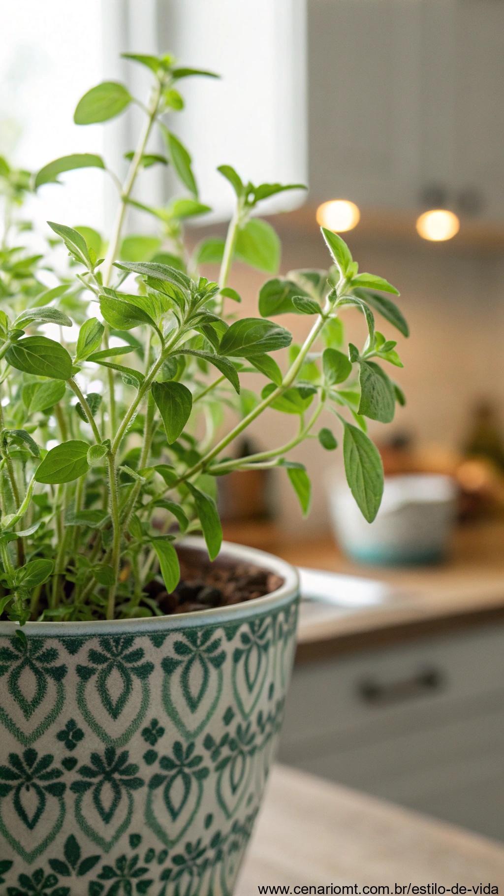 Manjerona cultivada em vaso decorativo na cozinha
