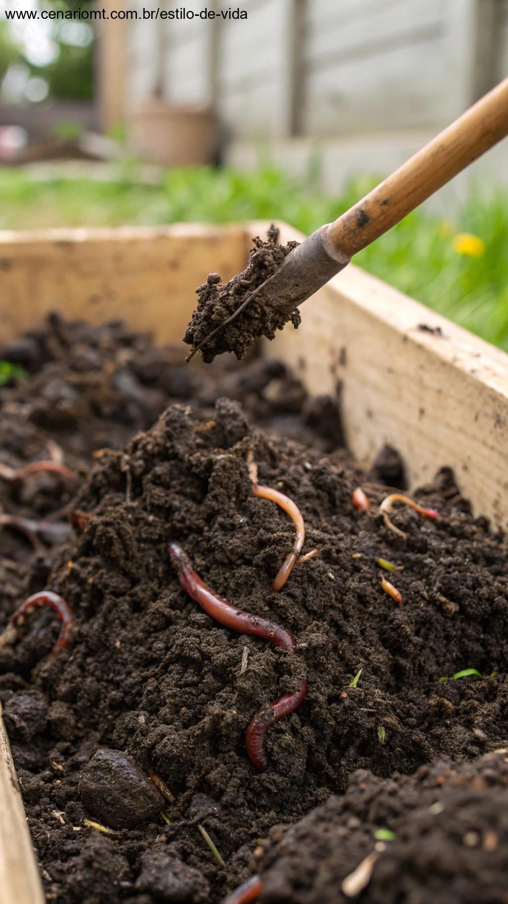 Composto escuro sendo misturado ao solo do jardim, com minhocas visíveis