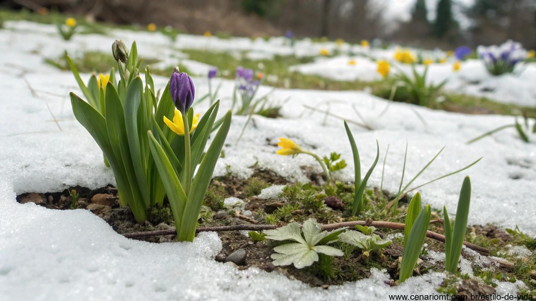 Transição simbólica do inverno para a primavera, com neve derretendo revelando brotos verdes e primeiras flores da estação