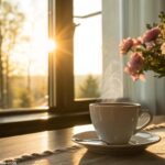 Cena de manhã tranquila com luz suave do sol, uma xícara de café na mesa e flores ao fundo, simbolizando um domingo abençoado.