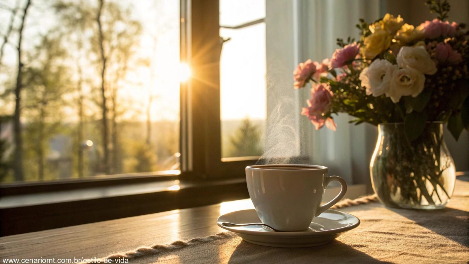 Cena de manhã tranquila com luz suave do sol, uma xícara de café na mesa e flores ao fundo, simbolizando um domingo abençoado.