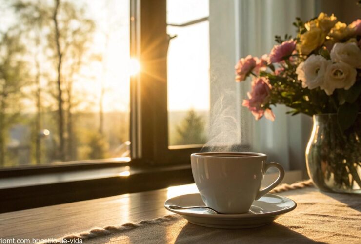 Cena de manhã tranquila com luz suave do sol, uma xícara de café na mesa e flores ao fundo, simbolizando um domingo abençoado.