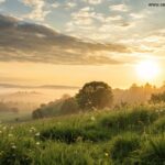 Amanhecer sereno sobre um campo tranquilo com luz dourada suave filtrando através de nuvens gentis, uma silhueta de cruz ao fundo