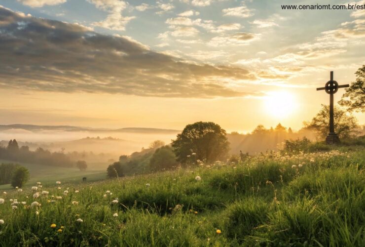 Amanhecer sereno sobre um campo tranquilo com luz dourada suave filtrando através de nuvens gentis, uma silhueta de cruz ao fundo