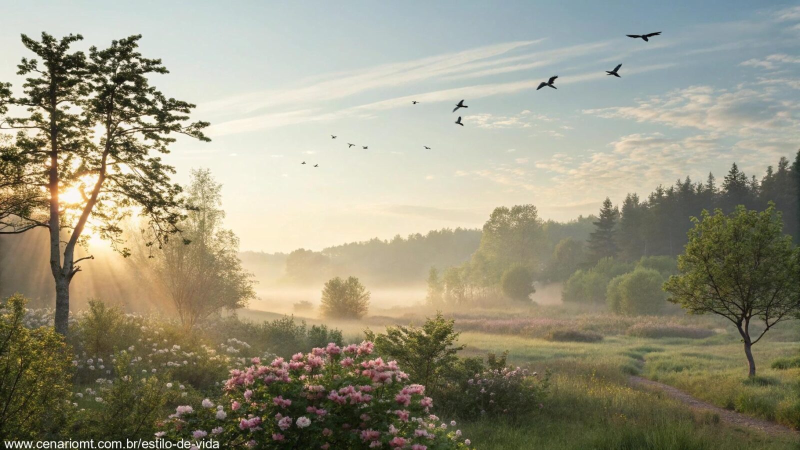 Paisagem tranquila de manhã com luz suave do sol filtrando pelas árvores, criando uma atmosfera abençoada para uma manhã de quarta-feira, com flores e pássaros no céu.