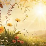 Ilustração digital de uma manhã ensolarada com flores e folhagens, e um sol radiante, trazendo uma mensagem de 'Bom Dia Abençoado' para o dia 23 de abril de 2025.