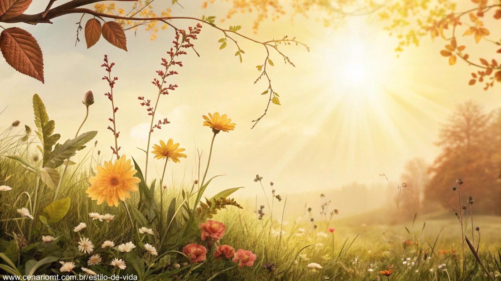 Ilustração digital de uma manhã ensolarada com flores e folhagens, e um sol radiante, trazendo uma mensagem de 'Bom Dia Abençoado' para o dia 23 de abril de 2025.