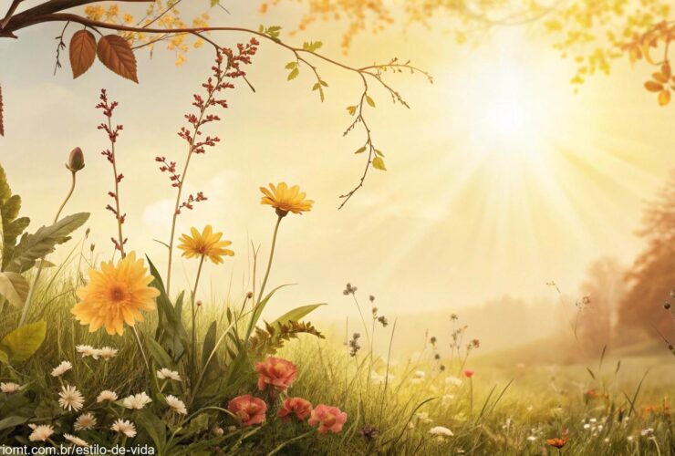 Ilustração digital de uma manhã ensolarada com flores e folhagens, e um sol radiante, trazendo uma mensagem de 'Bom Dia Abençoado' para o dia 23 de abril de 2025.