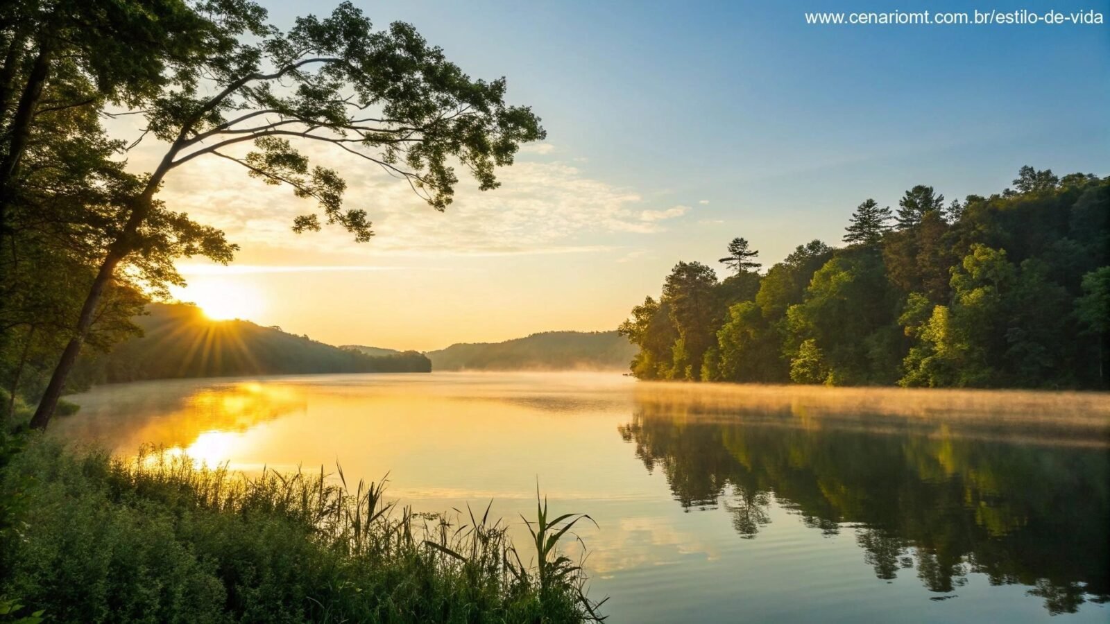 Nascer do sol tranquilo sobre um lago com reflexos dourados na água, cercado por árvores verdes e céu azul, transmitindo uma bênção divina