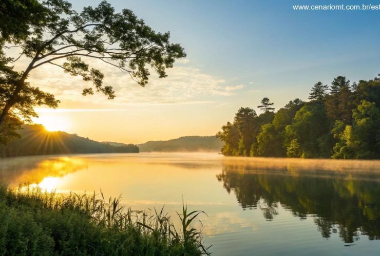 Nascer do sol tranquilo sobre um lago com reflexos dourados na água, cercado por árvores verdes e céu azul, transmitindo uma bênção divina