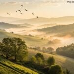 Paisagem de manhã tranquila com luz dourada representando fé, esperança e luz