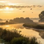 Amanhecer sereno sobre uma paisagem tranquila com luz dourada suave e um rio refletindo o céu da manhã, trazendo uma sensação de tranquilidade e um novo começo abençoado para a quinta-feira.