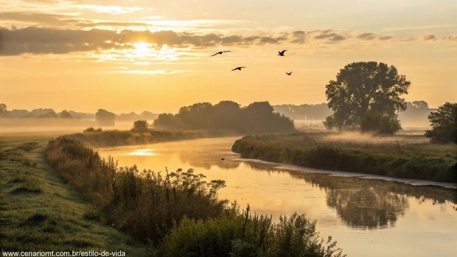 Amanhecer sereno sobre uma paisagem tranquila com luz dourada suave e um rio refletindo o céu da manhã, trazendo uma sensação de tranquilidade e um novo começo abençoado para a quinta-feira.