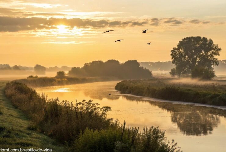 Amanhecer sereno sobre uma paisagem tranquila com luz dourada suave e um rio refletindo o céu da manhã, trazendo uma sensação de tranquilidade e um novo começo abençoado para a quinta-feira.