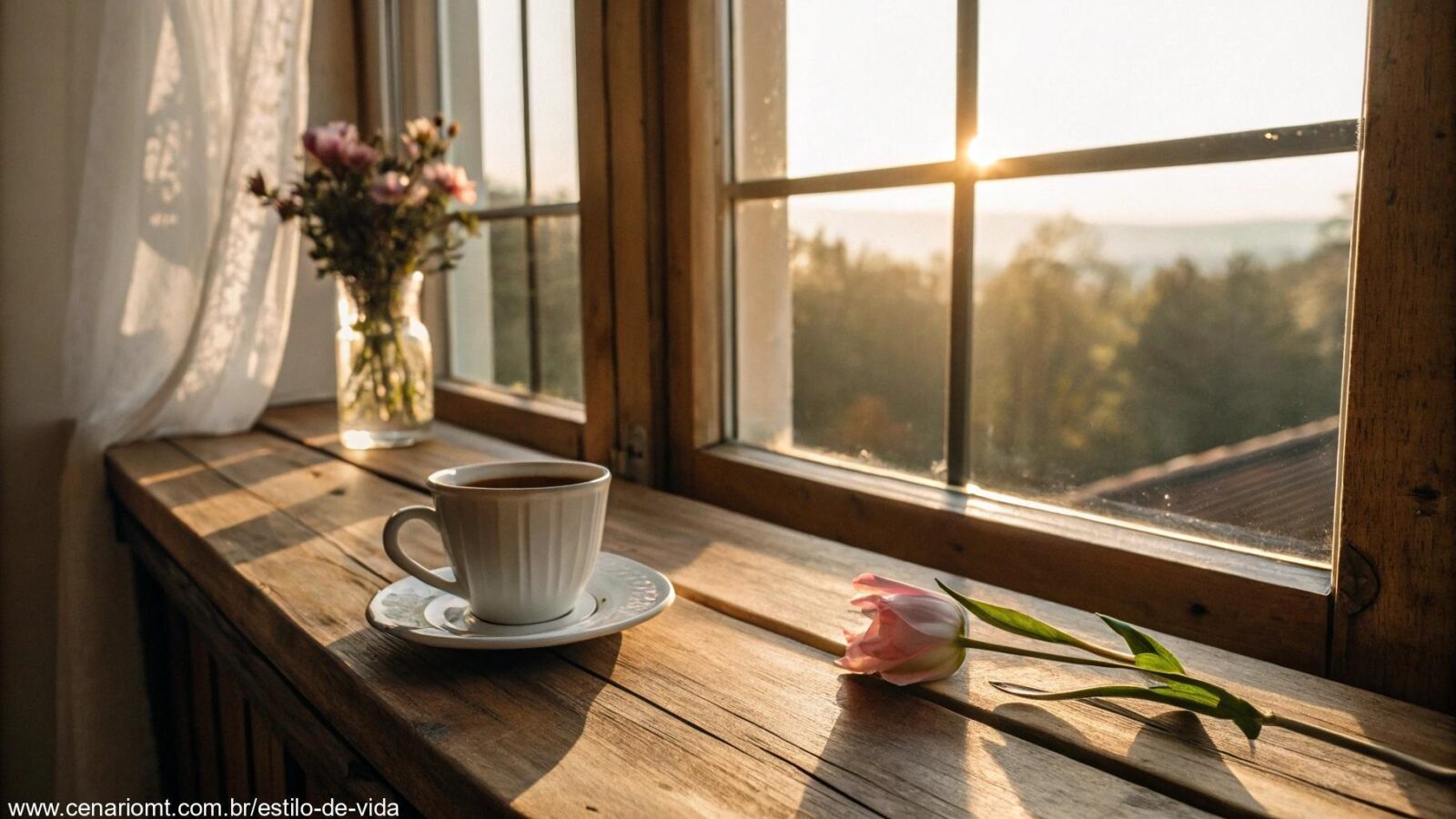 Cenário de manhã tranquila com luz suave entrando pela janela, uma xícara de café e uma flor no parapeito.