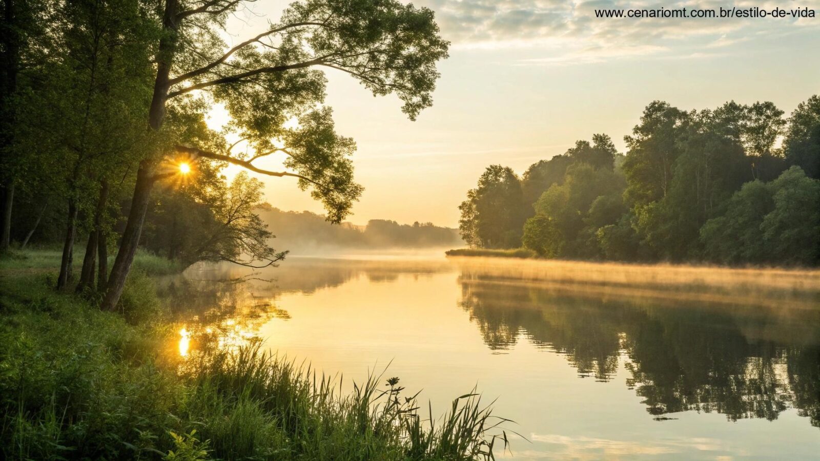 Nascer do sol tranquilo sobre um lago calmo com luz dourada suave filtrando através de árvores verdes exuberantes