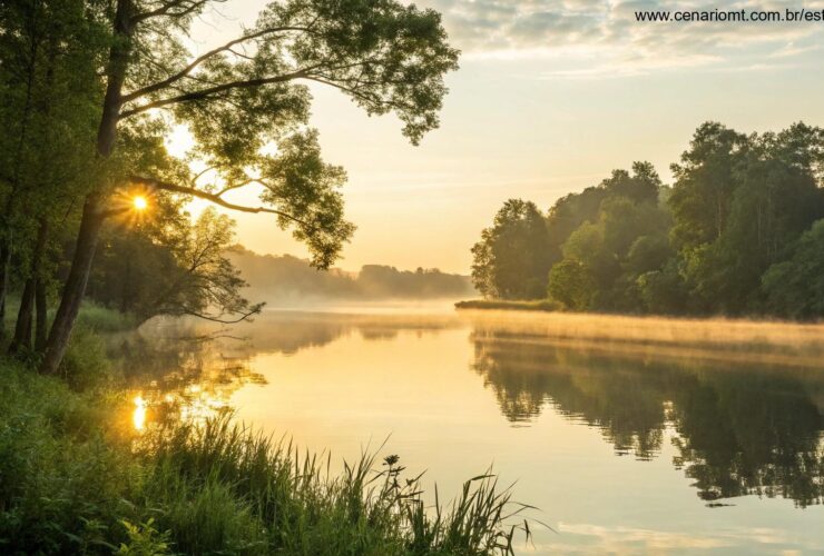 Nascer do sol tranquilo sobre um lago calmo com luz dourada suave filtrando através de árvores verdes exuberantes