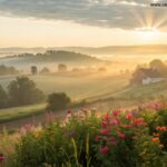 Nascer do sol tranquilo em uma paisagem rural simbolizando um sábado abençoado