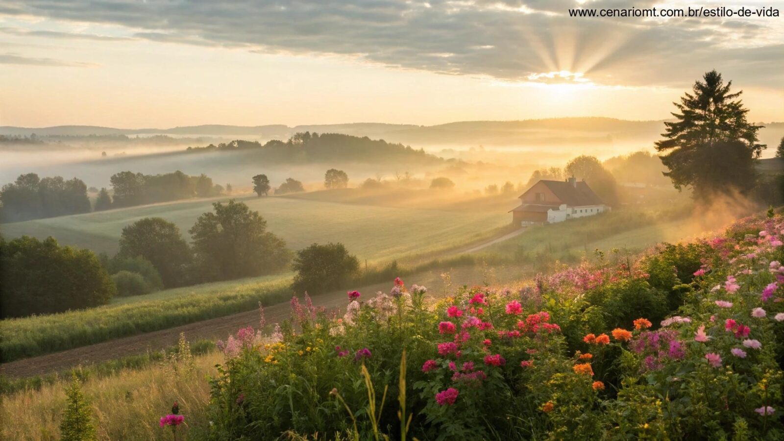 Nascer do sol tranquilo em uma paisagem rural simbolizando um sábado abençoado