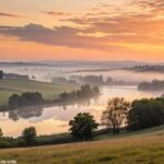 Paisagem tranquila e serena ao amanhecer, com luz dourada suave iluminando o céu e uma atmosfera calma, ideal para uma mensagem de bom dia abençoado no sábado.