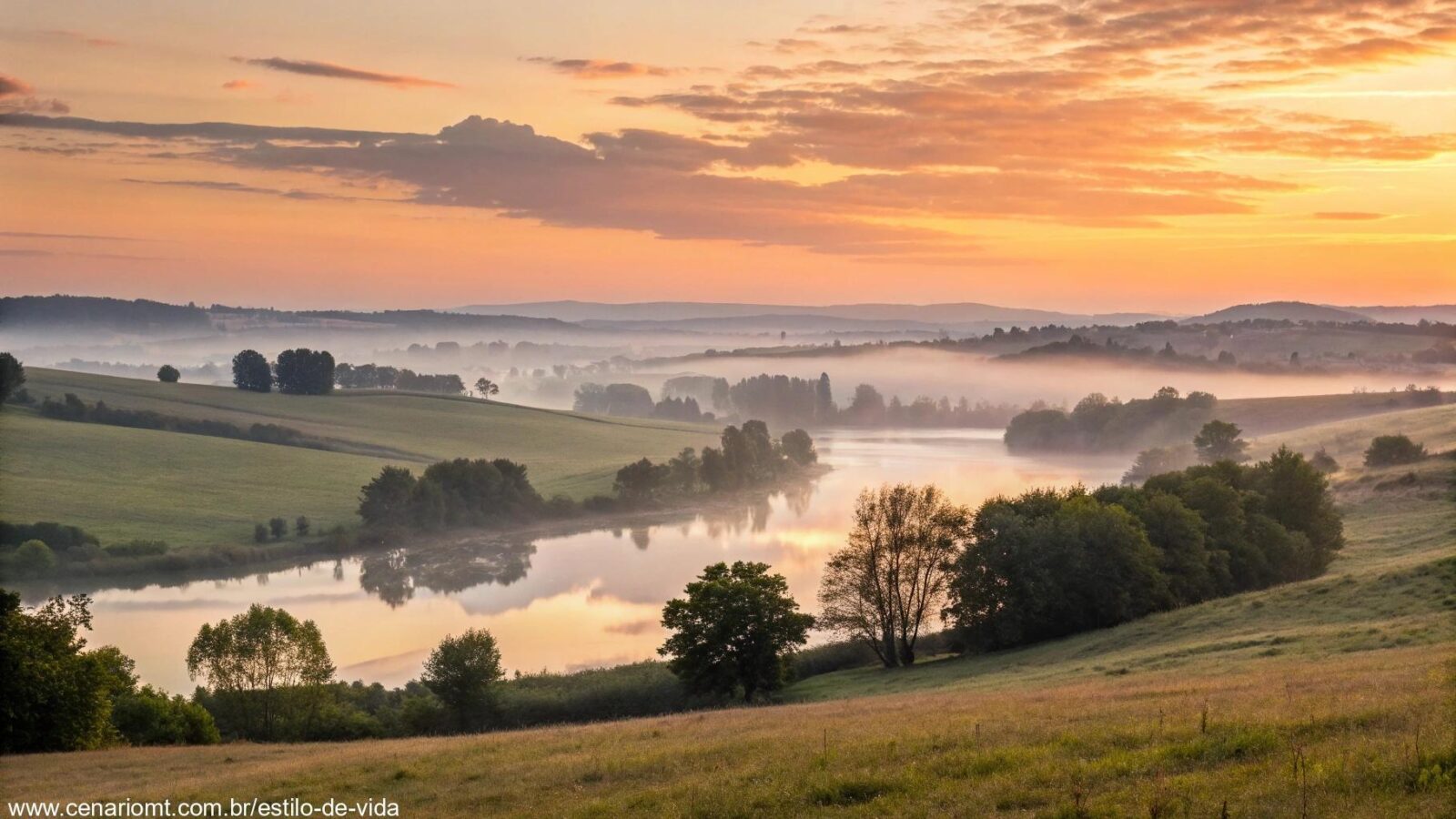 Paisagem tranquila e serena ao amanhecer, com luz dourada suave iluminando o céu e uma atmosfera calma, ideal para uma mensagem de bom dia abençoado no sábado.