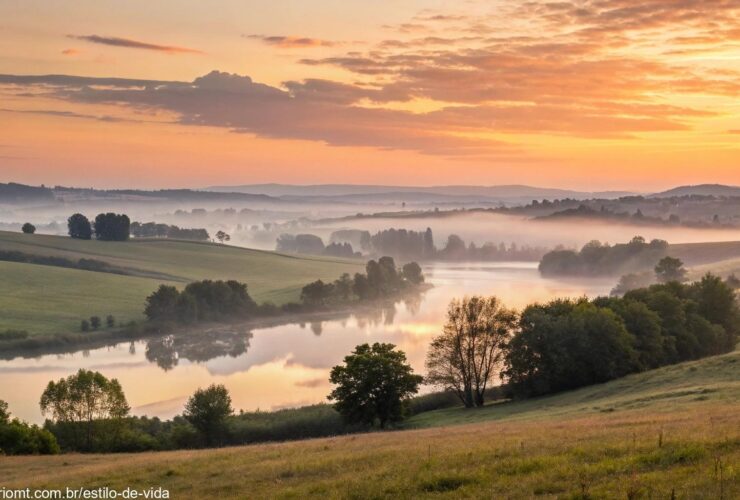 Paisagem tranquila e serena ao amanhecer, com luz dourada suave iluminando o céu e uma atmosfera calma, ideal para uma mensagem de bom dia abençoado no sábado.
