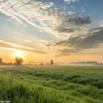 Imagem de um amanhecer tranquilo sobre um campo calmo, com luz suave filtrando pela grama verde e nuvens gentis no céu, simbolizando uma manhã abençoada e pacífica.