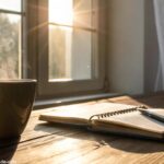 Cena tranquila de manhã com luz do sol entrando pela janela, iluminando uma xícara de café e um caderno sobre uma mesa de madeira, simbolizando um começo abençoado e fresco para a semana.